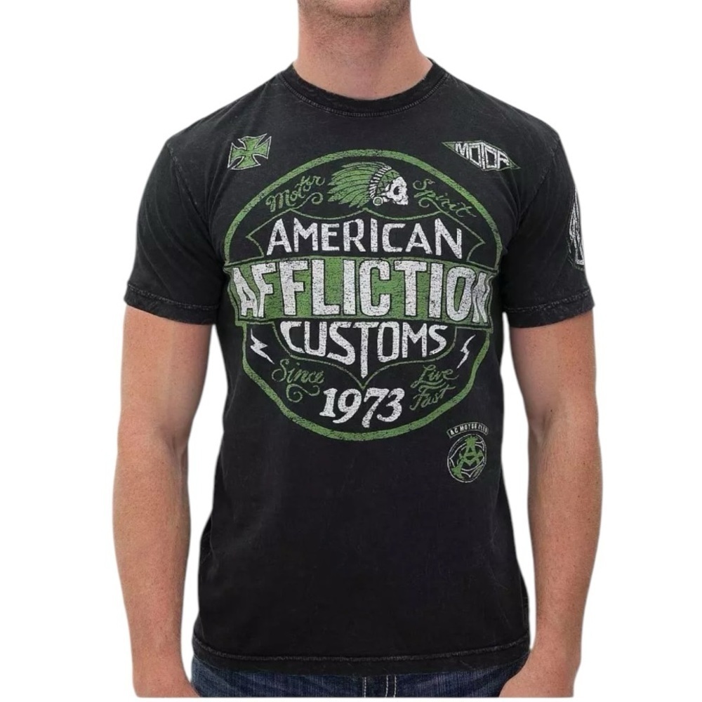 Affliction T-Shirt men's L Graphic Distressed American Customs Garage Lava Wash